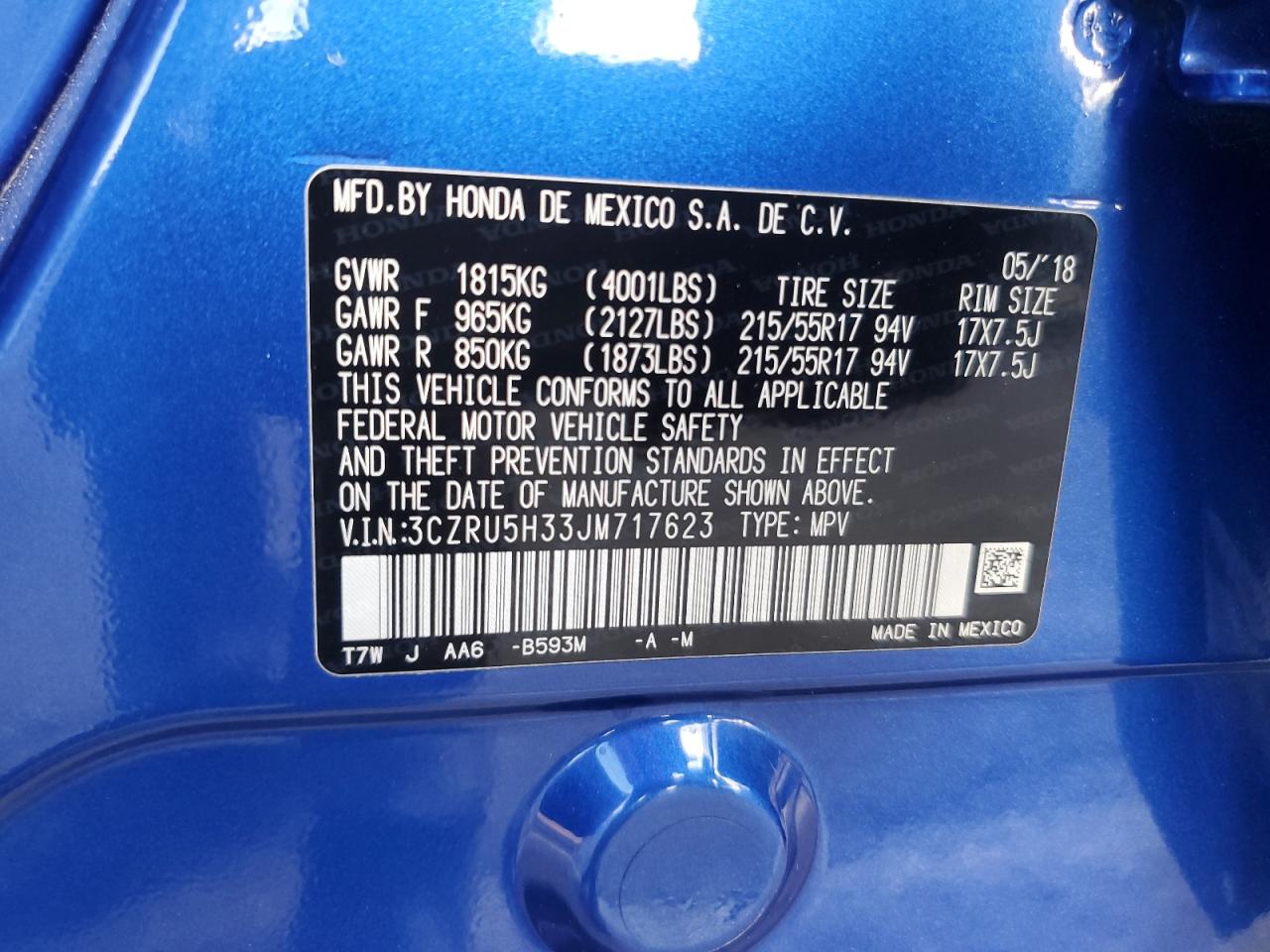 2018 Honda HR-V VIN 3CZRU5H33JM717623 Copart auction photo, rear end damage thumbnail 15
