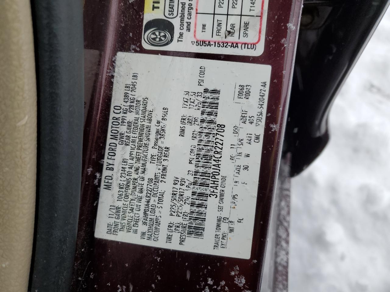 2012 Ford Fusion VIN 3FAHP0JA4CR227708 Copart auction photo, front end / rear end damage thumbnail 15
