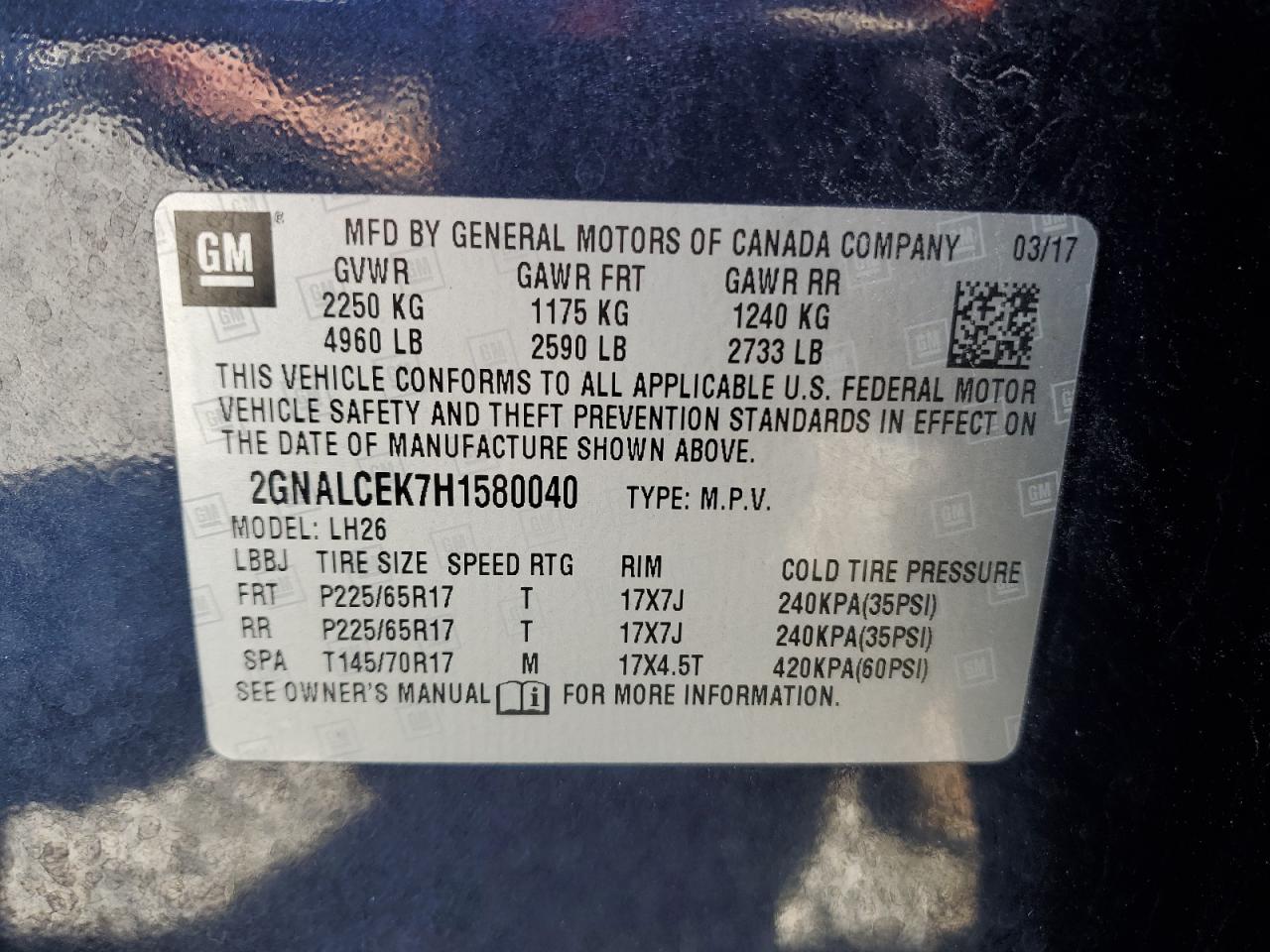 2017 Chevrolet Equinox VIN 2GNALCEK7H1580040 Copart auction photo, front end damage thumbnail 15