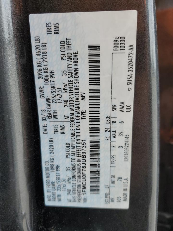 2018 Ford Escape VIN 1FMCU0F78JUB97351 Copart auction photo, front end damage thumbnail 13