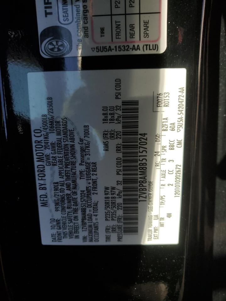 2011 Ford Mustang VIN 1ZVBP8AM8B5157024 Copart auction photo, side / front end damage thumbnail 12