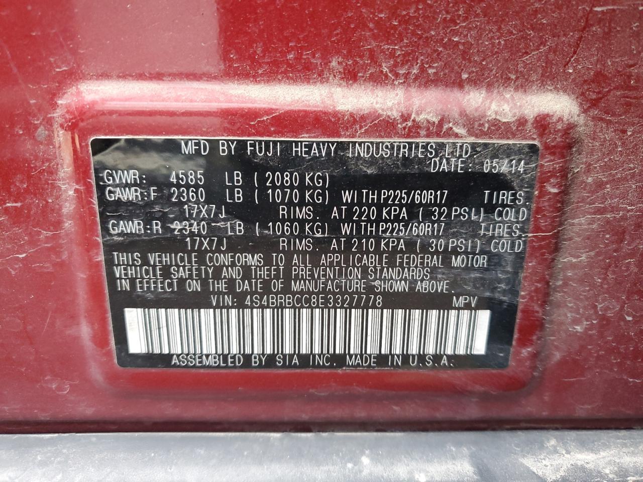 2014 Subaru Outback VIN 4S4BRBCC8E3327778 Copart auction photo, front end damage thumbnail 13