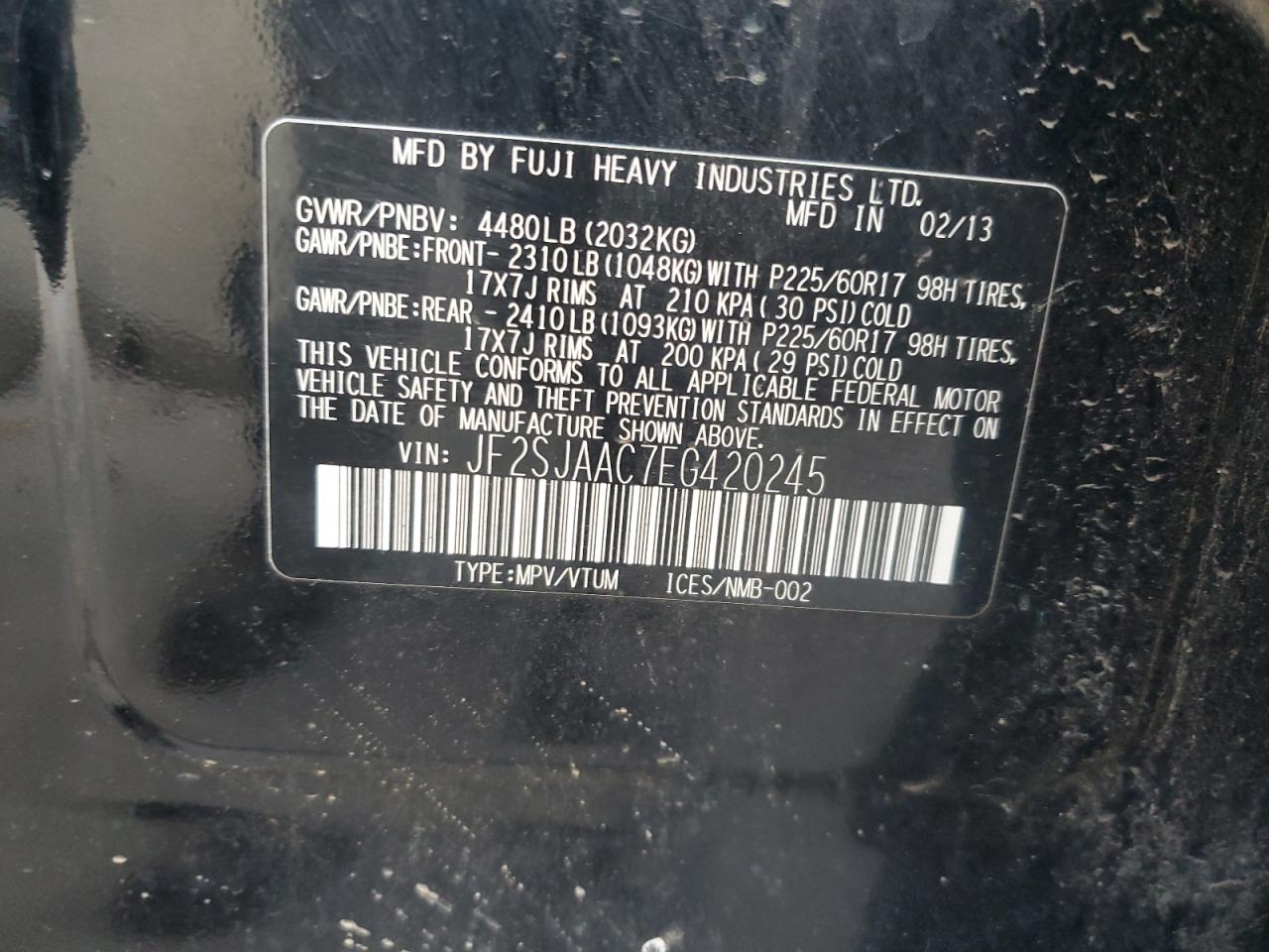2014 Subaru Forester VIN JF2SJAAC7EG420245 Copart auction photo, front end / hail damage thumbnail 13