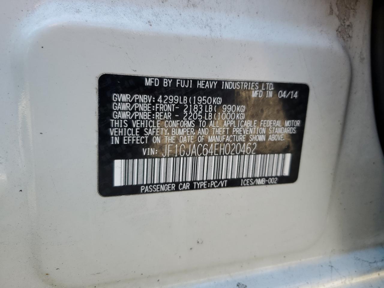 2014 Subaru Impreza VIN JF1GJAC64EH020462 Copart auction photo, front end damage thumbnail 12