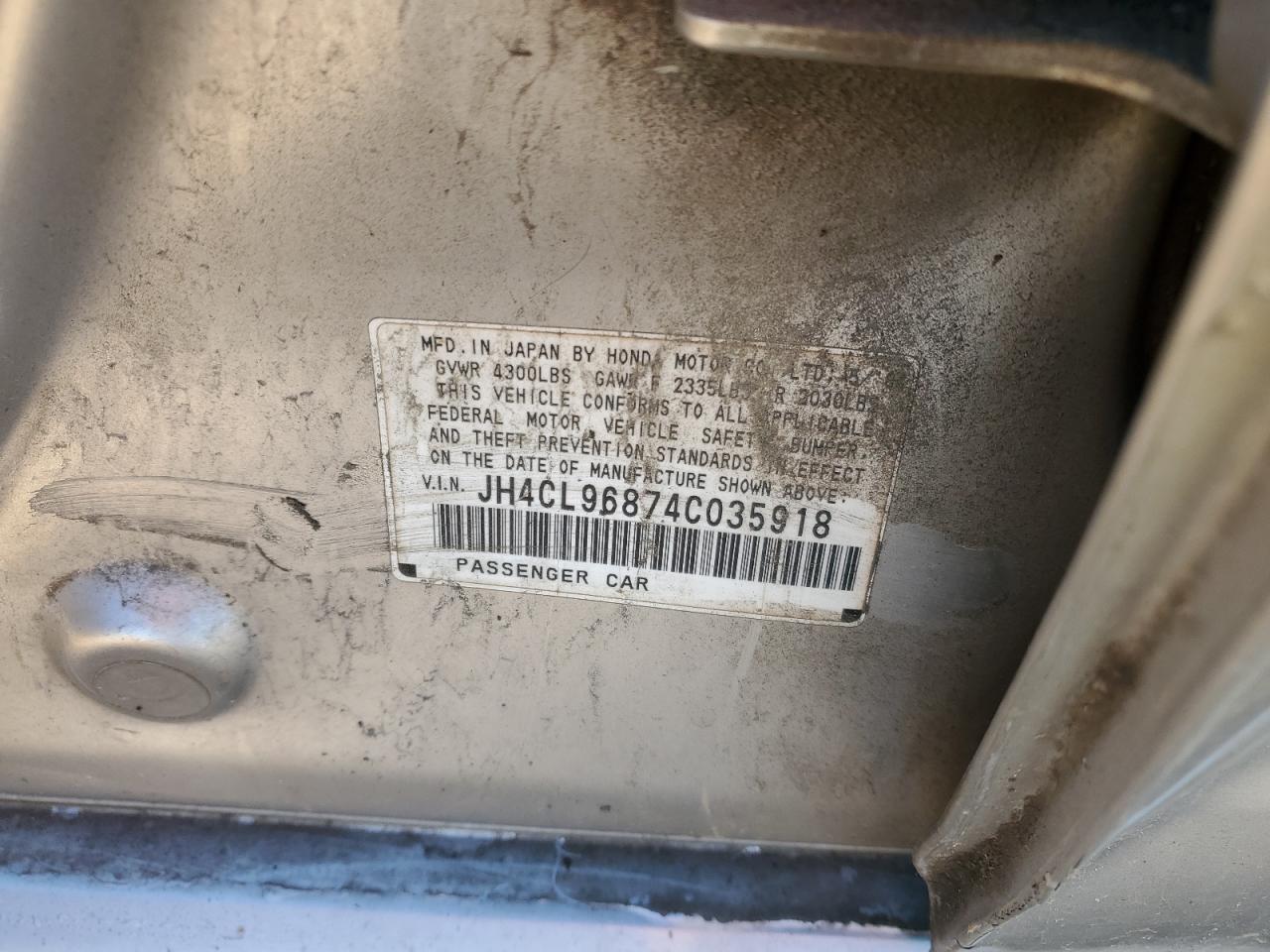 2004 Acura TSX VIN JH4CL96874C035918 Copart auction photo, rear end / side damage thumbnail 12