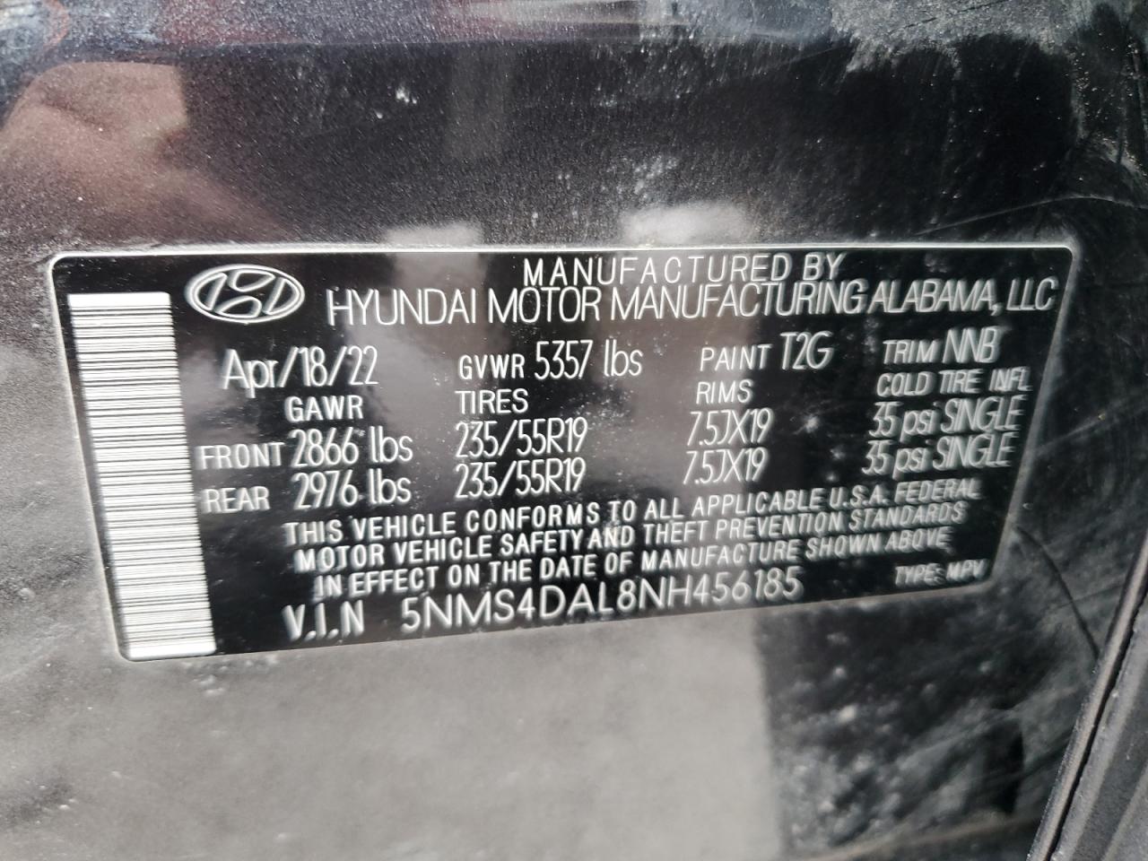 2022 Hyundai Santa Fe VIN 5NMS4DAL8NH456185 Copart auction photo, front end damage thumbnail 14