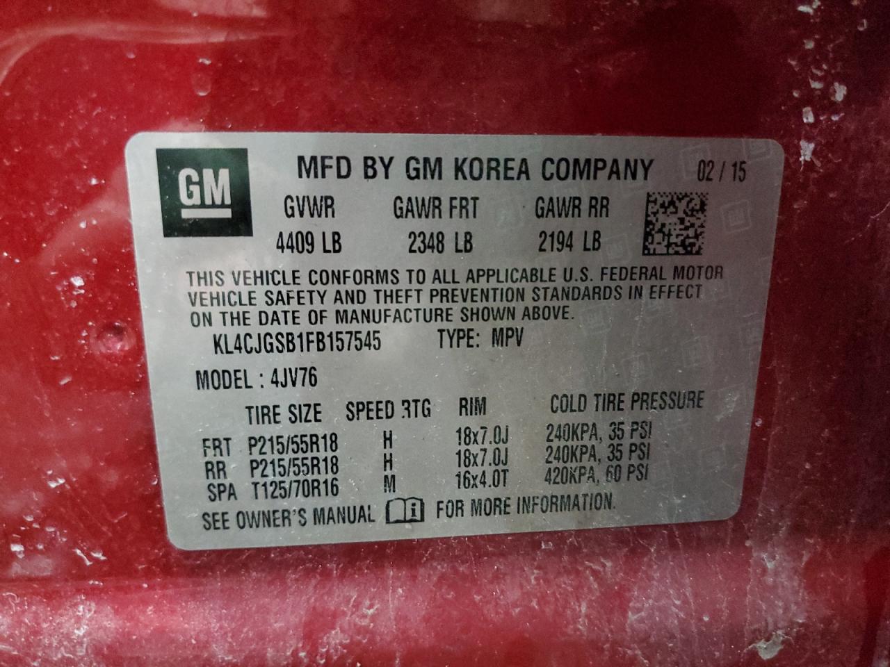 2015 Buick Encore VIN KL4CJGSB1FB157545 Copart auction photo, mechanical / minor dent/scratches damage thumbnail 13