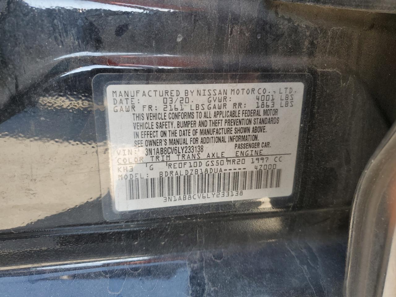 2020 Nissan Sentra VIN 3N1AB8CV6LY233138 Copart auction photo, front end damage thumbnail 12