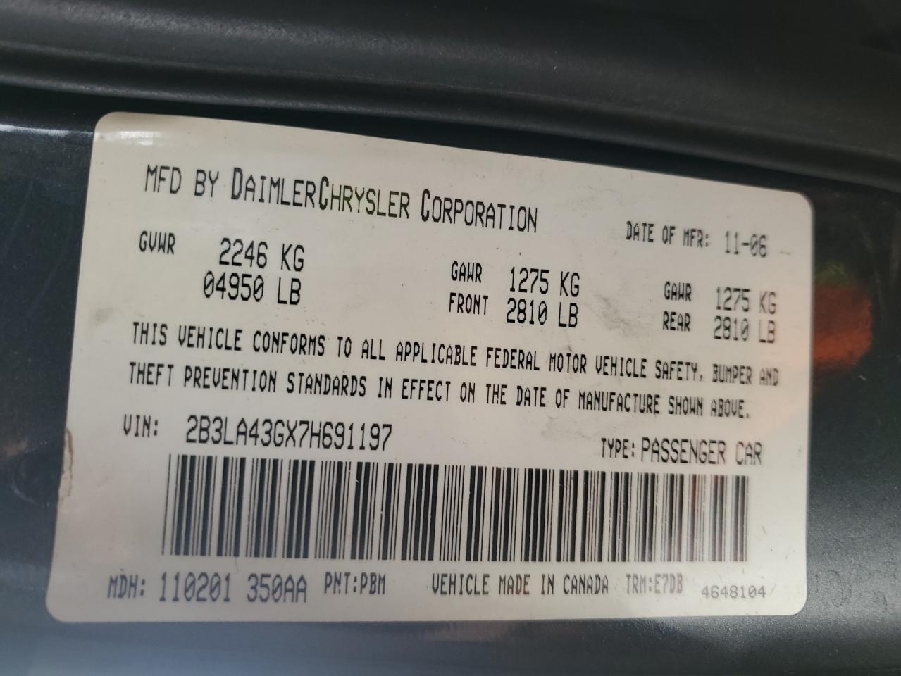 2007 Dodge Charger VIN 2B3LA43GX7H691197 Copart auction photo, minor dent/scratches damage thumbnail 12
