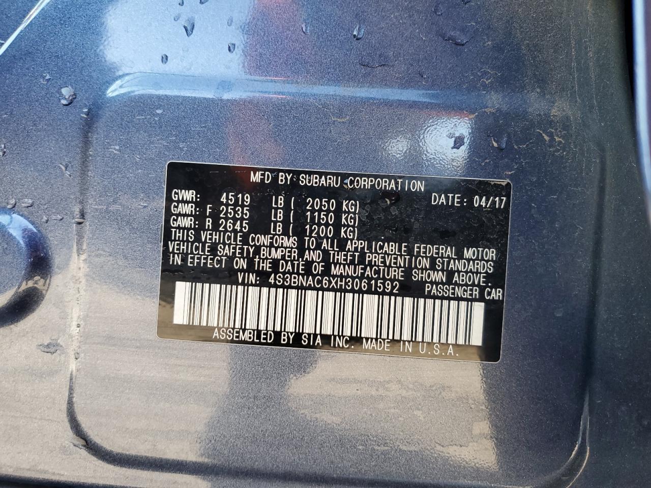 2017 Subaru Legacy VIN 4S3BNAC6XH3061592 Copart auction photo, front end / side damage thumbnail 13