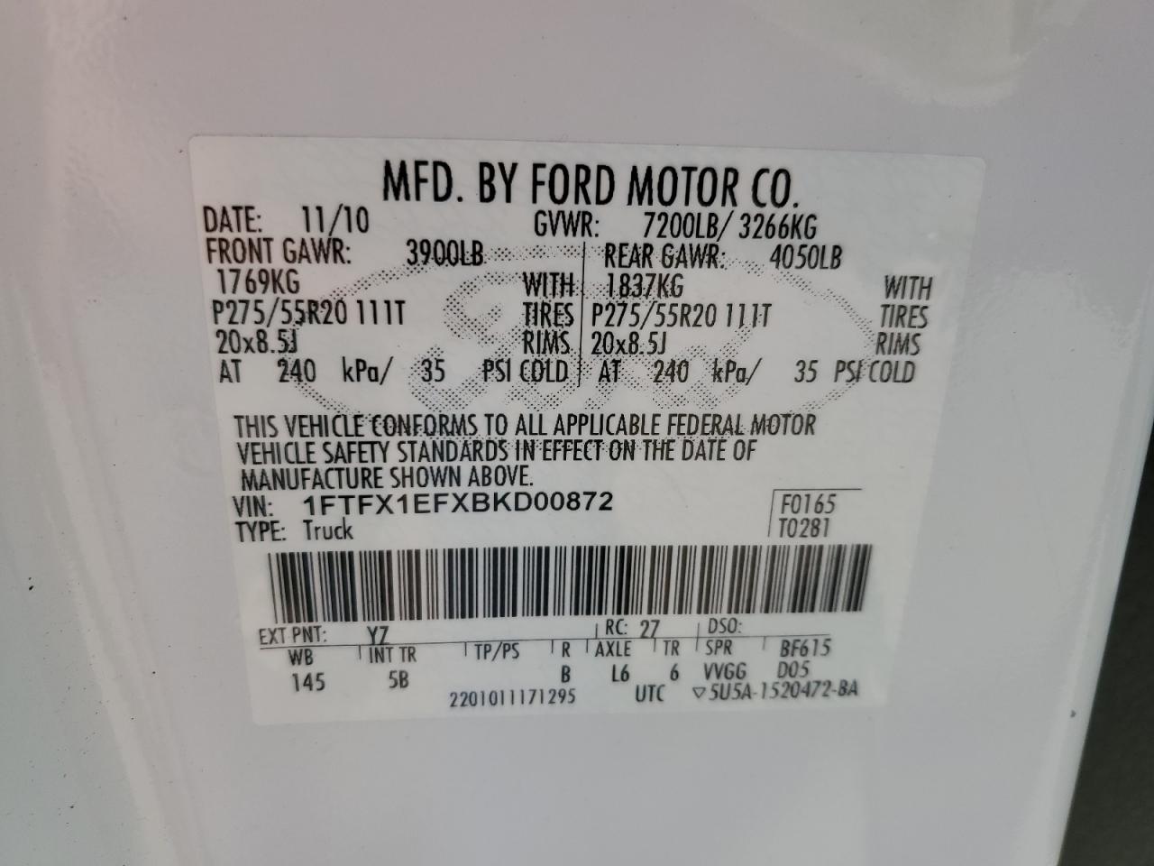 2011 Ford F-150 VIN 1FTFX1EFXBKD00872 Copart auction photo, front end damage thumbnail 14