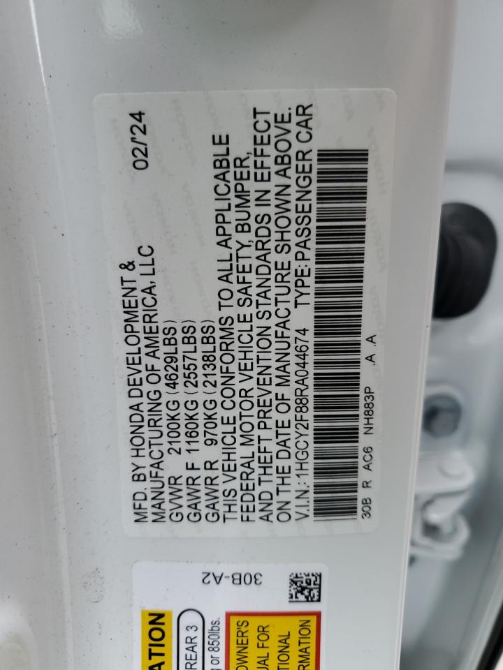 2024 Honda Accord VIN 1HGCY2F88RA044674 Copart auction photo, front end damage thumbnail 12