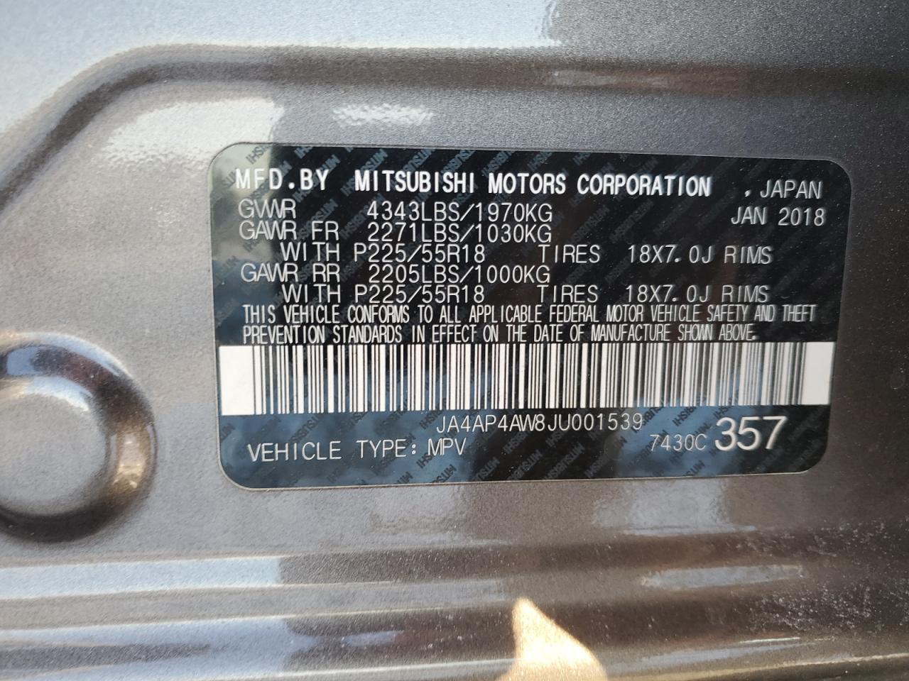 2018 Mitsubishi Outlander VIN JA4AP4AW8JU001539 Copart auction photo, front end damage thumbnail 14