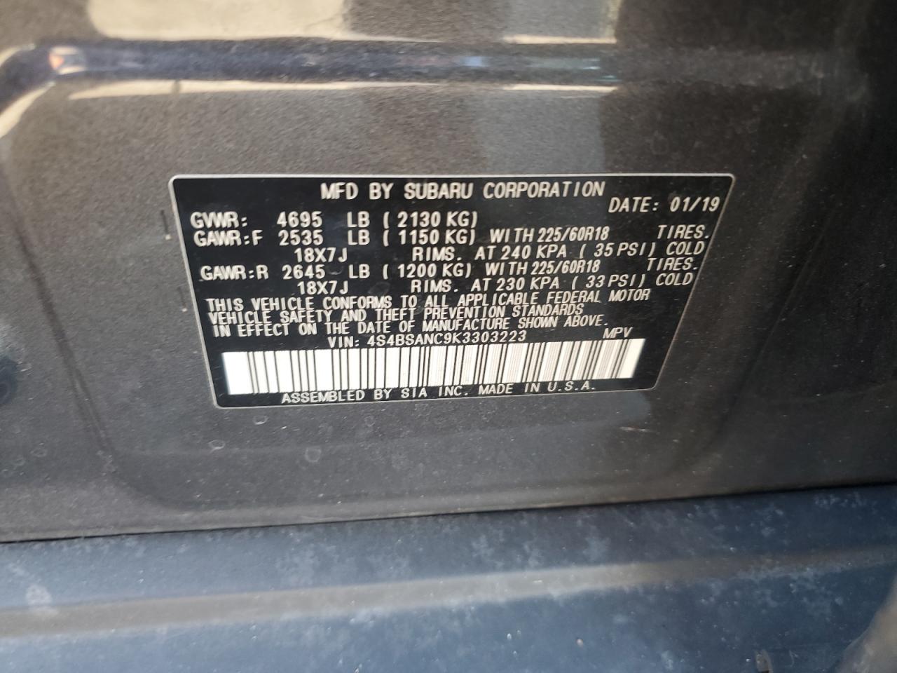 2019 Subaru Outback VIN 4S4BSANC9K3303223 Copart auction photo, rear end / undercarriage damage thumbnail 12