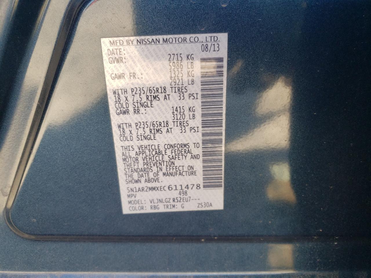 2014 Nissan Pathfinder VIN 5N1AR2MMXEC611478 Copart auction photo, front end / minor dent/scratches damage thumbnail 13