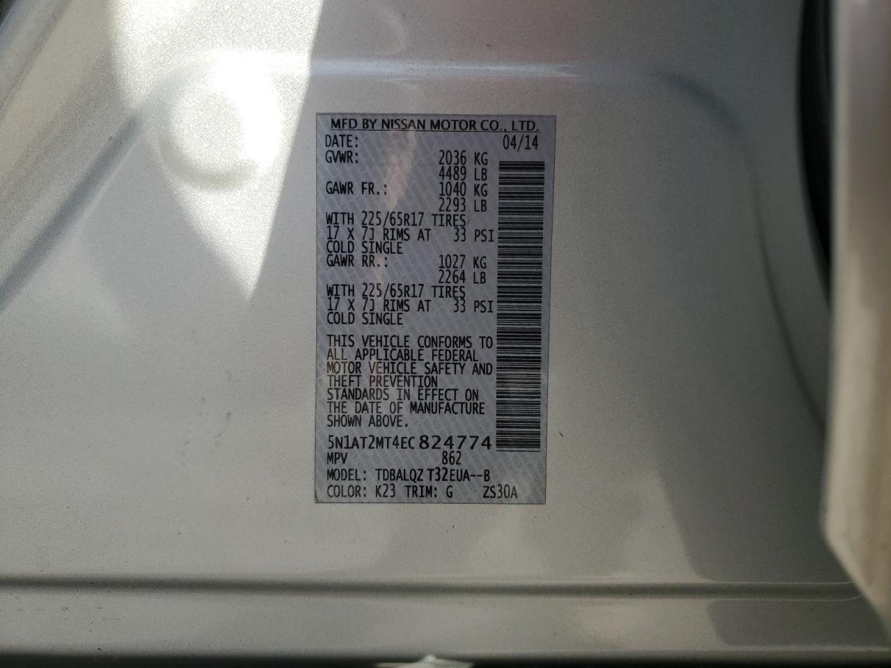2014 Nissan Rogue VIN 5N1AT2MT4EC824774 Copart auction photo, front end / side damage thumbnail 16