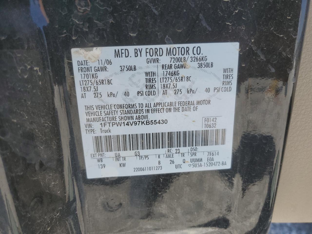 2007 Ford F-150 VIN 1FTPW14V97KB55430 Copart auction photo, all over damage thumbnail 14
