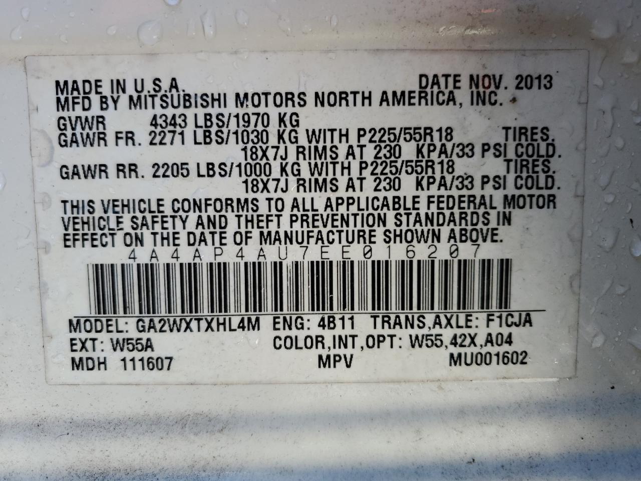 2014 Mitsubishi Outlander VIN 4A4AP4AU7EE016207 Copart auction photo, front end damage thumbnail 13