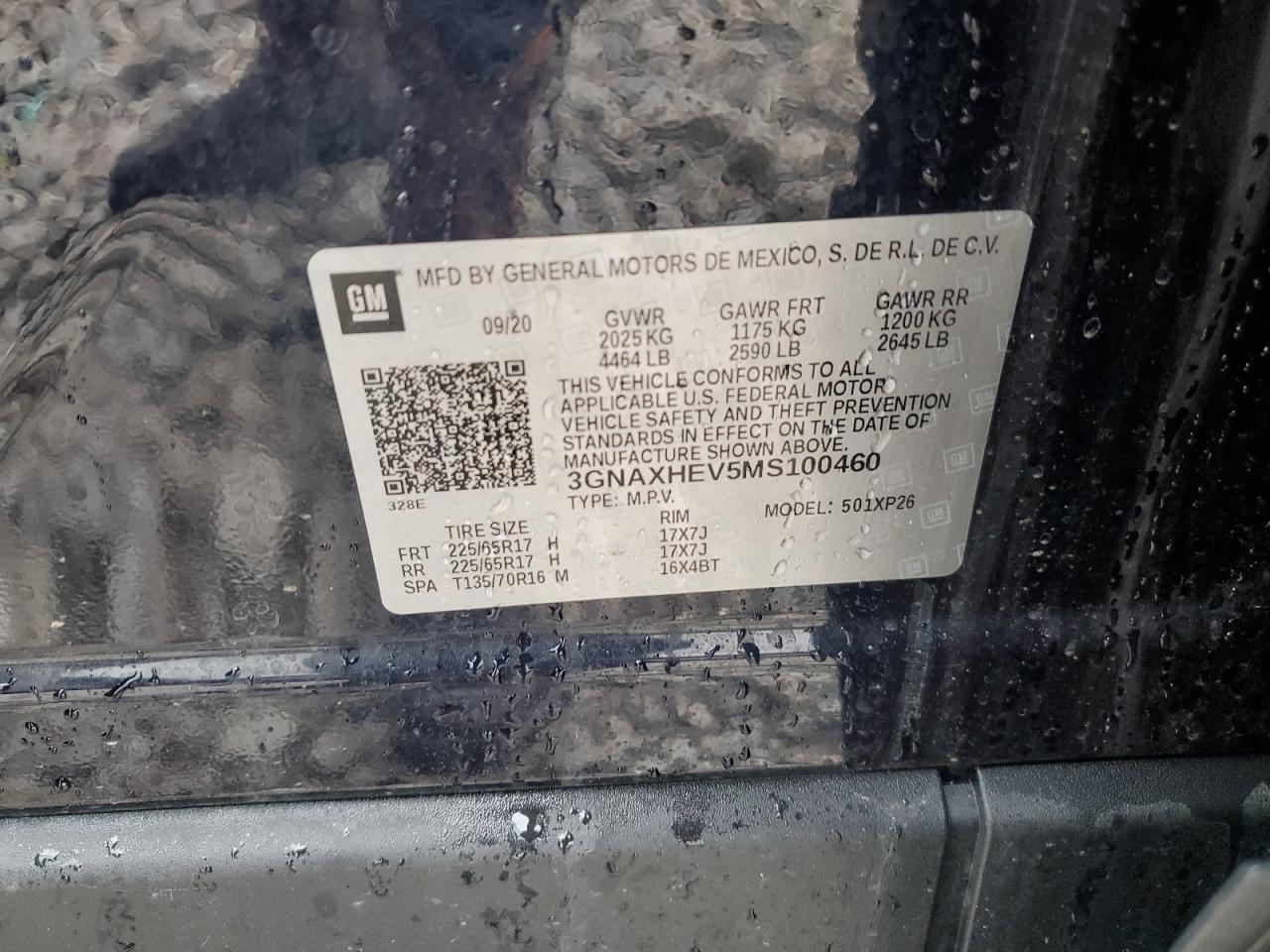 2021 Chevrolet Equinox VIN 3GNAXHEV5MS100460 Copart auction photo, front end damage thumbnail 14