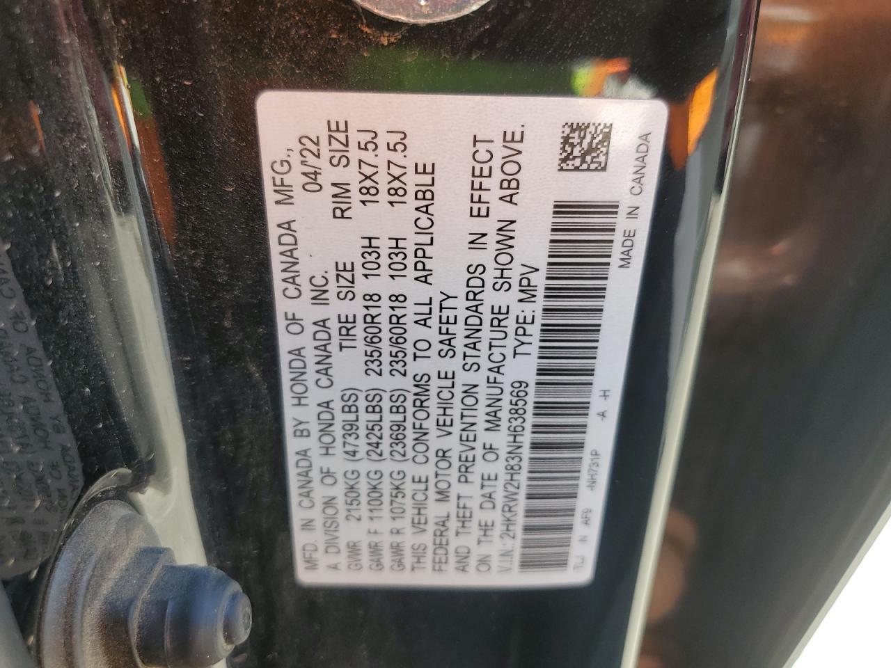 2022 Honda CR-V VIN 2HKRW2H83NH638569 Copart auction photo, front end damage thumbnail 13