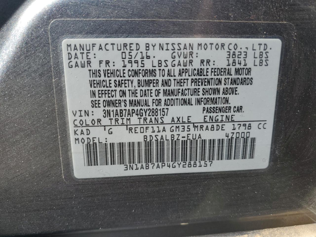 2016 Nissan Sentra VIN 3N1AB7AP4GY288157 Copart auction photo, front end damage thumbnail 12