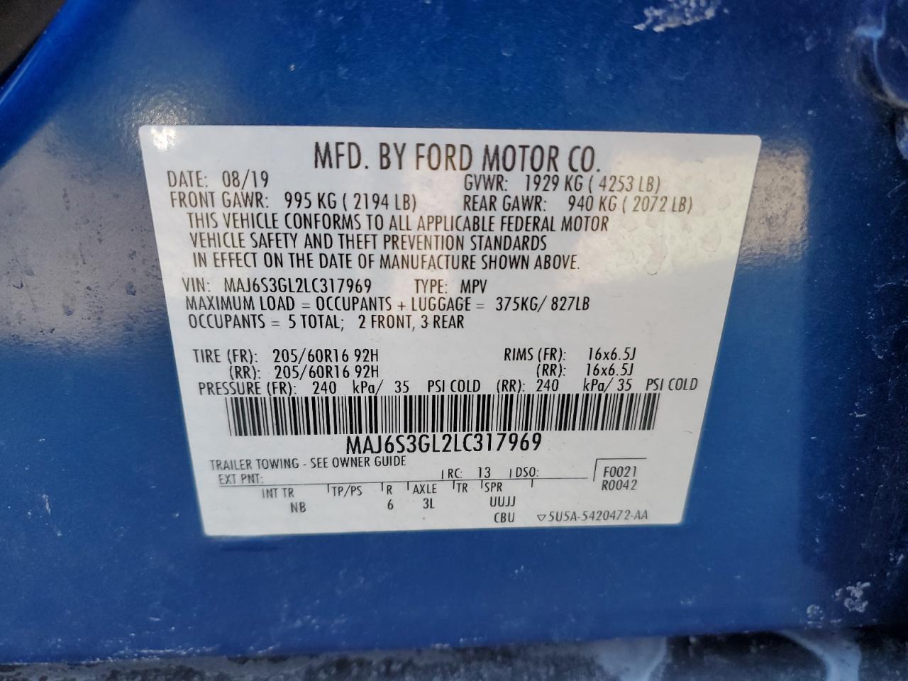2020 Ford EcoSport VIN MAJ6S3GL2LC317969 Copart auction photo, front end / minor dent/scratches damage thumbnail 14