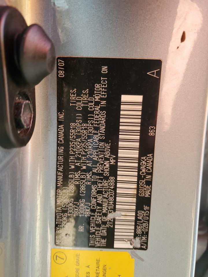 2008 Lexus RX VIN 2T2HK31U48C074888 Copart auction photo, front end / rear end damage thumbnail 13
