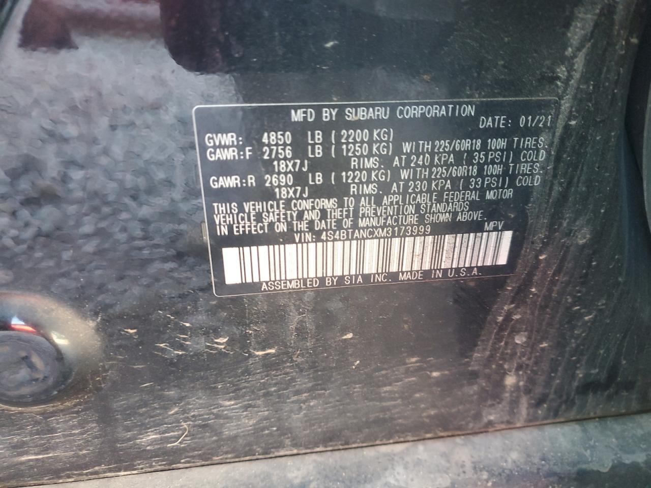 2021 Subaru Outback VIN 4S4BTANCXM3173999 Copart auction photo, front end / side damage thumbnail 15