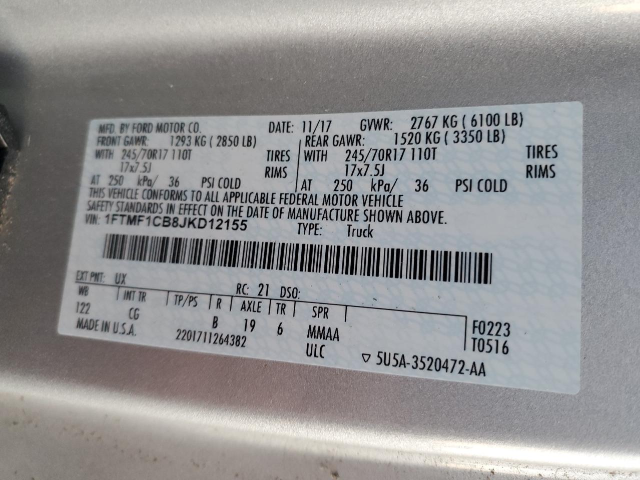 2018 Ford F-150 VIN 1FTMF1CB8JKD12155 Copart auction photo, top/roof damage thumbnail 12
