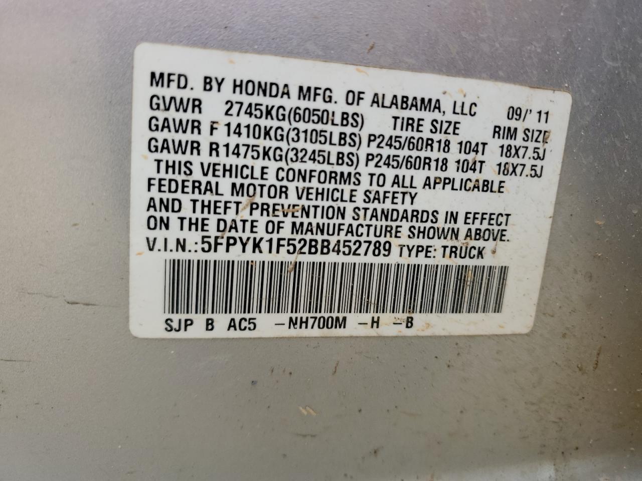 2011 Honda Ridgeline VIN 5FPYK1F52BB452789 Copart auction photo, all over damage thumbnail 12