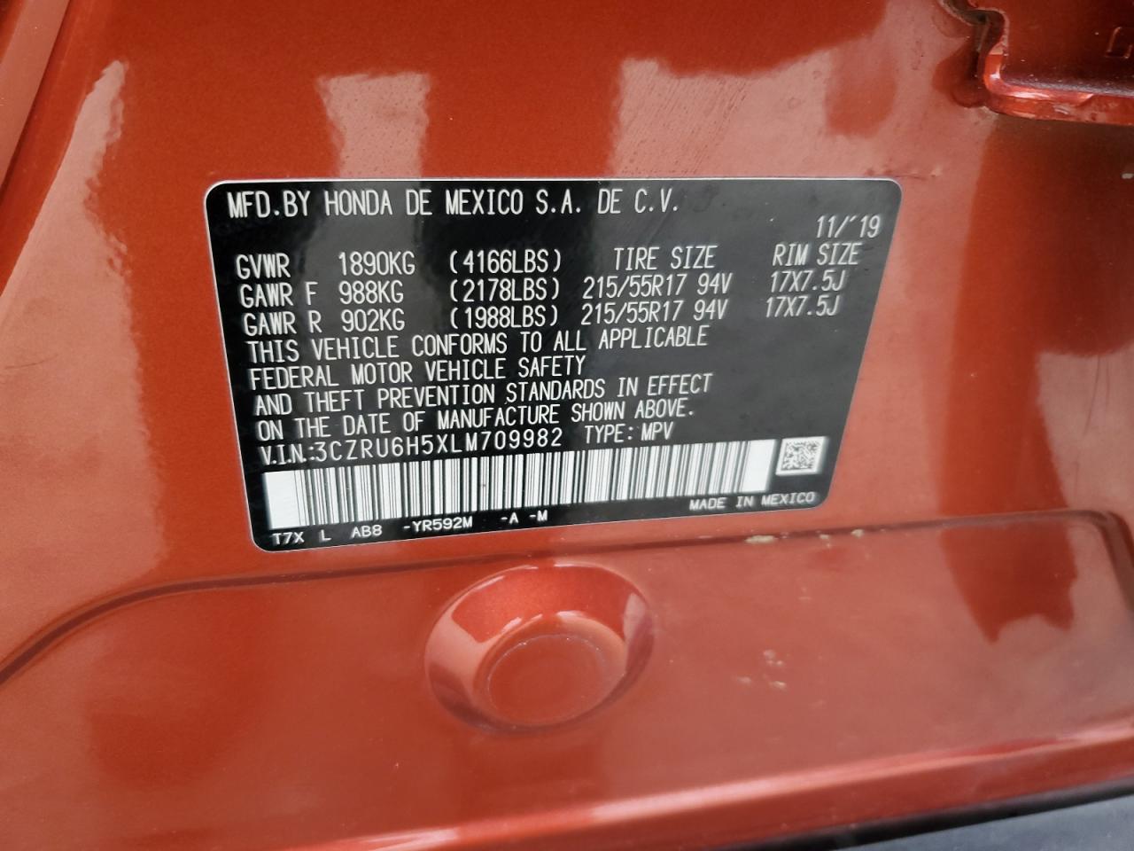 2020 Honda HR-V VIN 3CZRU6H5XLM709982 Copart auction photo, front end damage thumbnail 16