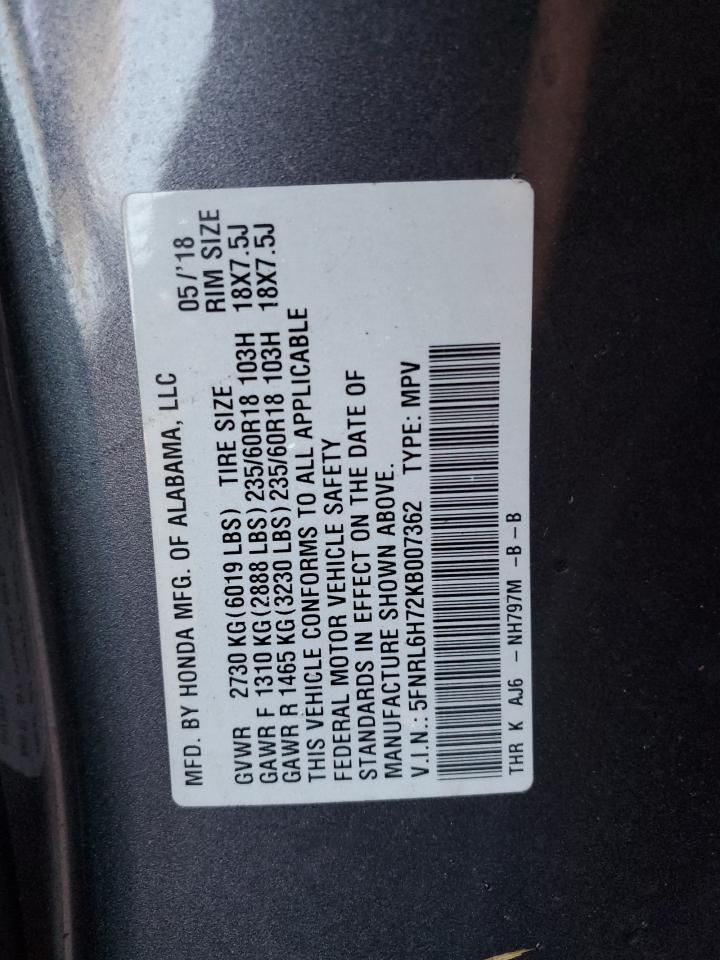 2019 Honda Odyssey VIN 5FNRL6H72KB007362 Copart auction photo, water/flood damage thumbnail 14