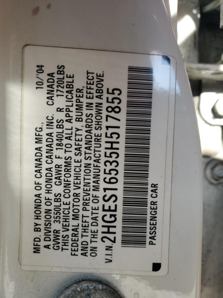 2005 Honda Civic VIN 2HGES16535H517855 Copart auction photo, rear end / front end damage thumbnail 12