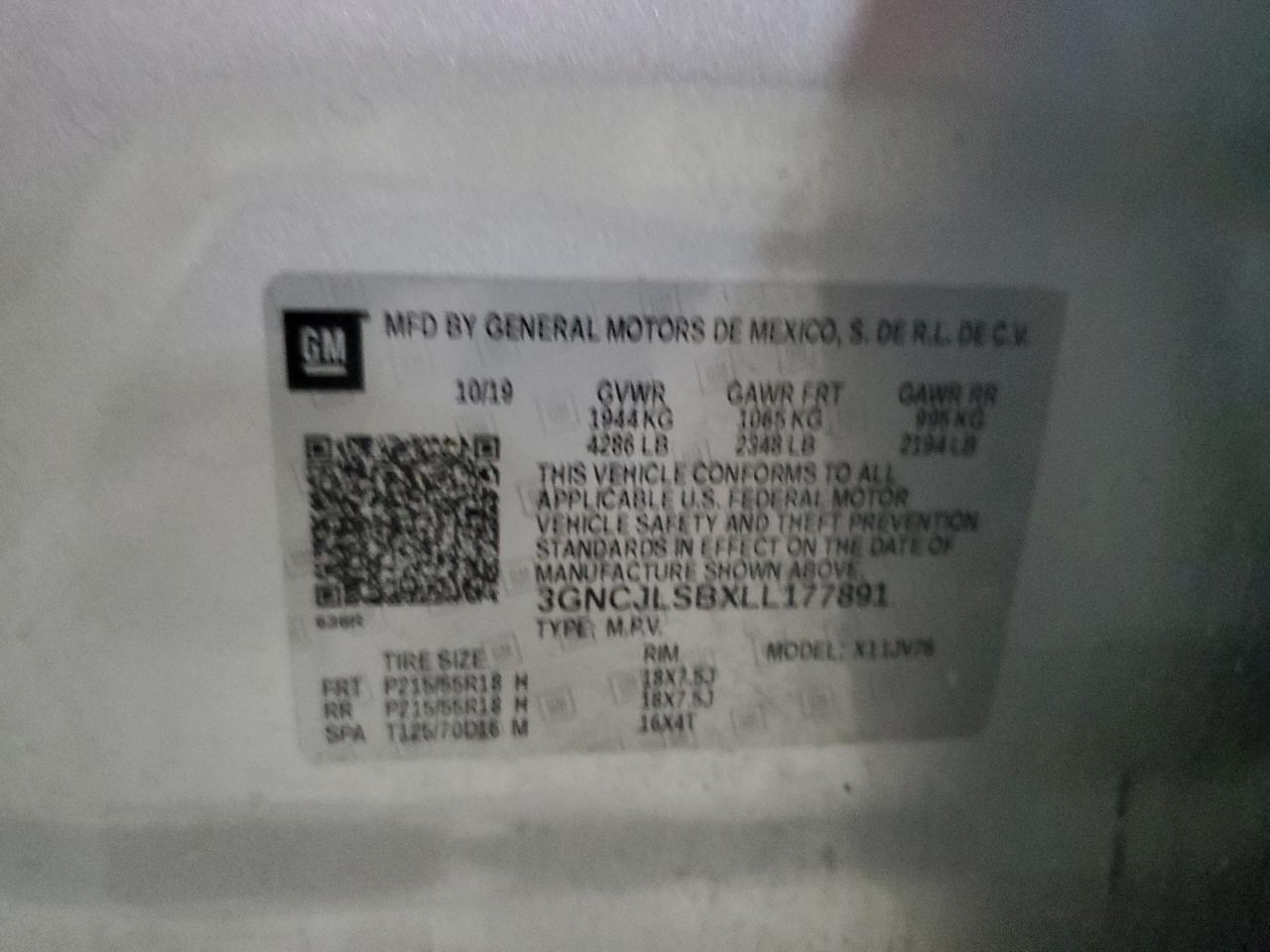 2020 Chevrolet Trax VIN 3GNCJLSBXLL177891 Copart auction photo, front end / mechanical damage thumbnail 13