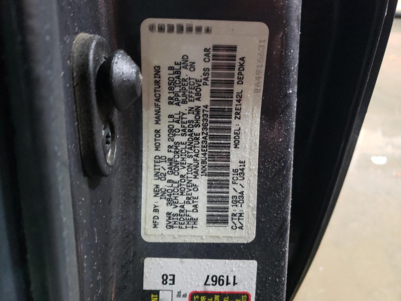 2010 Toyota Corolla VIN 1NXBU4EE3AZ363374 Copart auction photo, front end / side damage thumbnail 12
