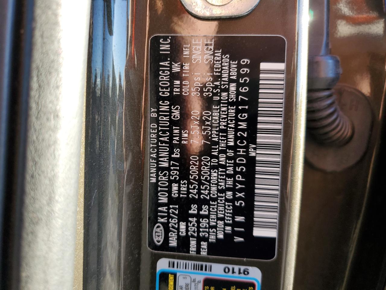 2021 KIA Telluride VIN 5XYP5DHC2MG176599 Copart auction photo, rollover damage thumbnail 13