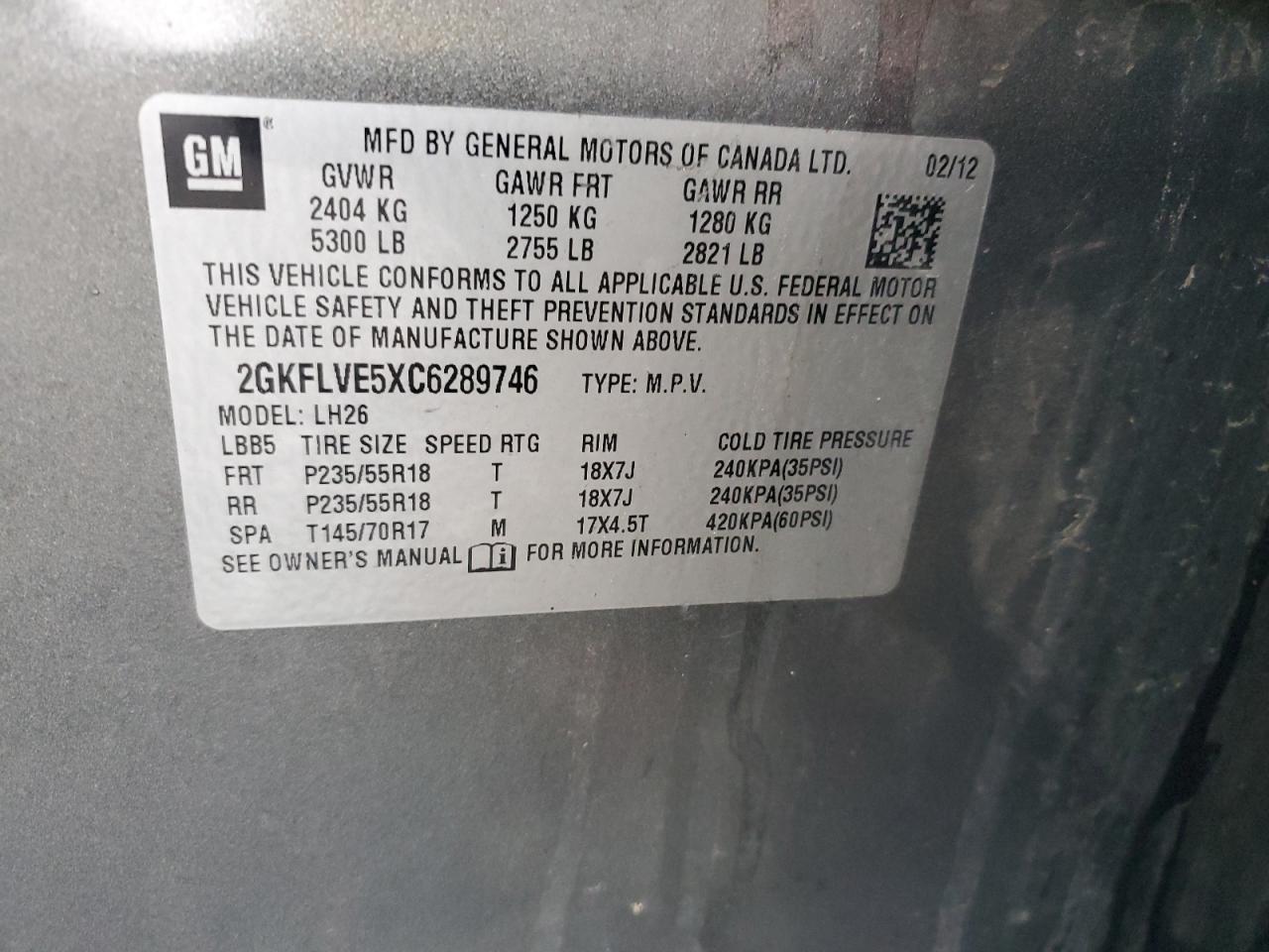 2012 GMC Terrain VIN 2GKFLVE5XC6289746 Copart auction photo, front end damage thumbnail 13