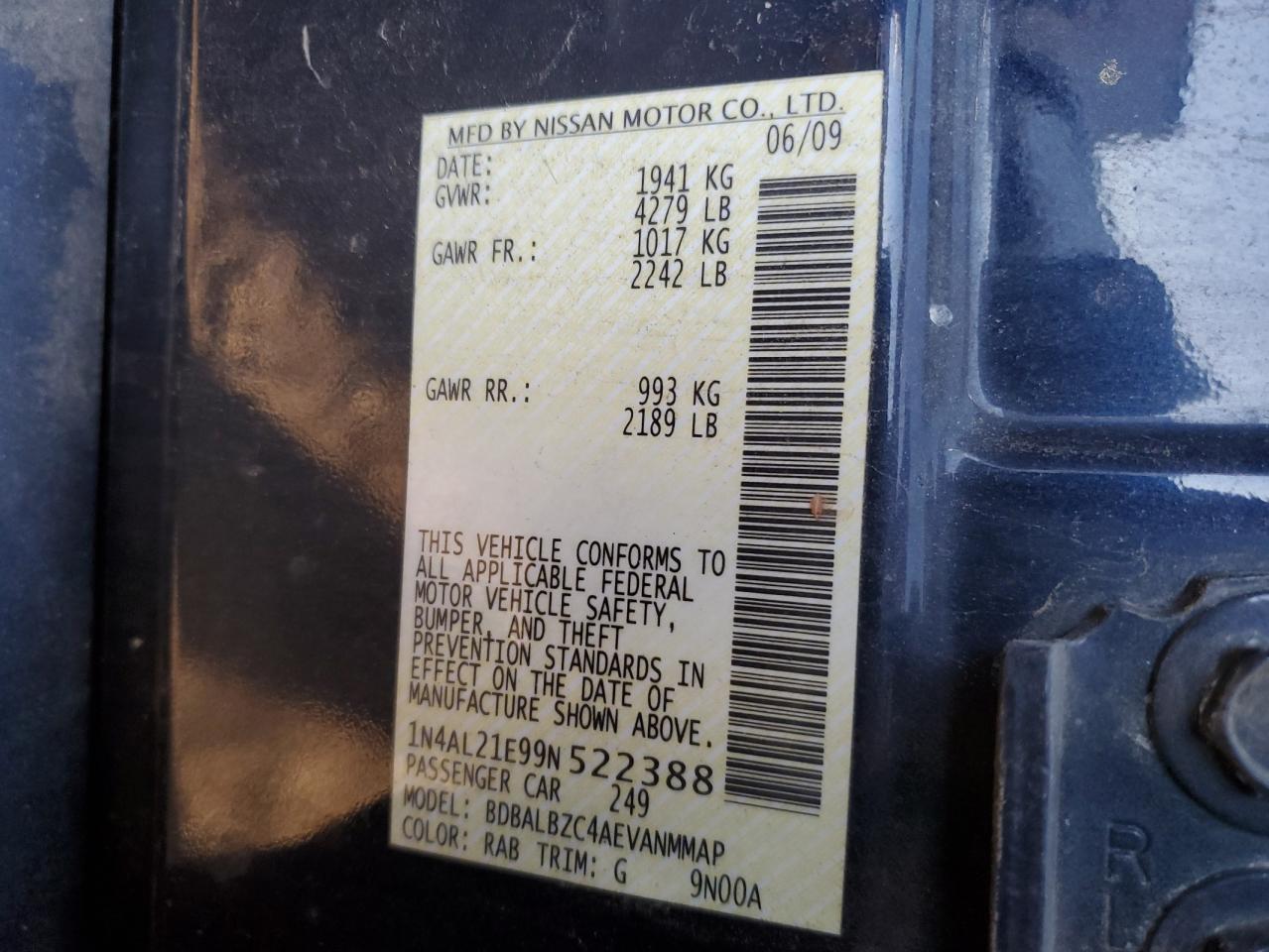 2009 Nissan Altima VIN 1N4AL21E99N522388 Copart auction photo, side / rear end damage thumbnail 12