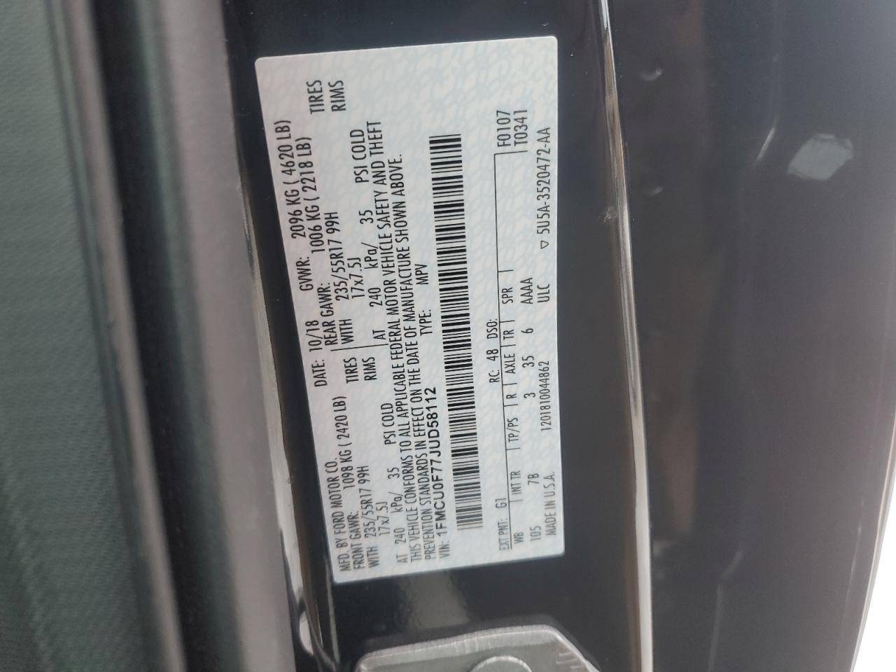 2018 Ford Escape VIN 1FMCU0F77JUD58112 Copart auction photo, front end damage thumbnail 13