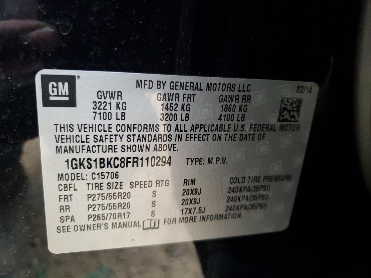 2015 GMC Yukon VIN 1GKS1BKC8FR110294 Copart auction photo, all over damage thumbnail 13
