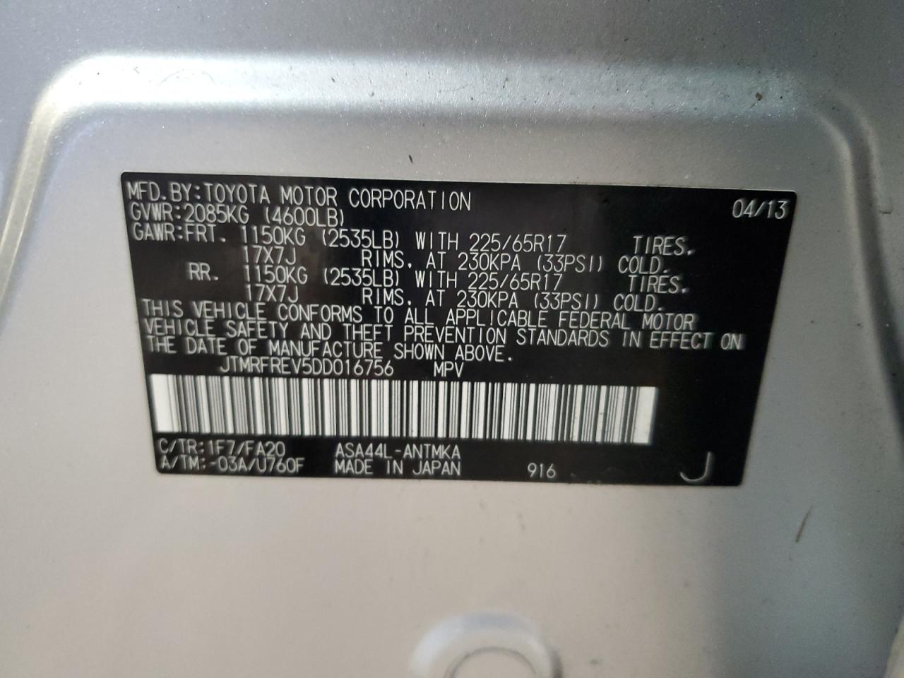 2013 Toyota RAV 4 VIN JTMRFREV5DD016756 Copart auction photo, rear end damage thumbnail 13