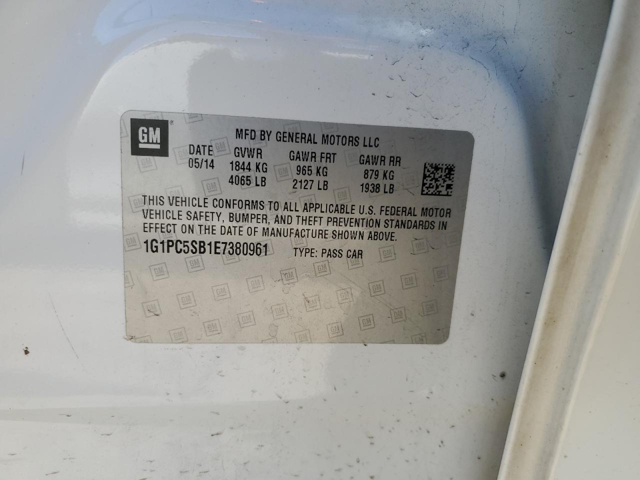 2014 Chevrolet Cruze VIN 1G1PC5SB1E7380961 Copart auction photo, minor dent/scratches damage thumbnail 12