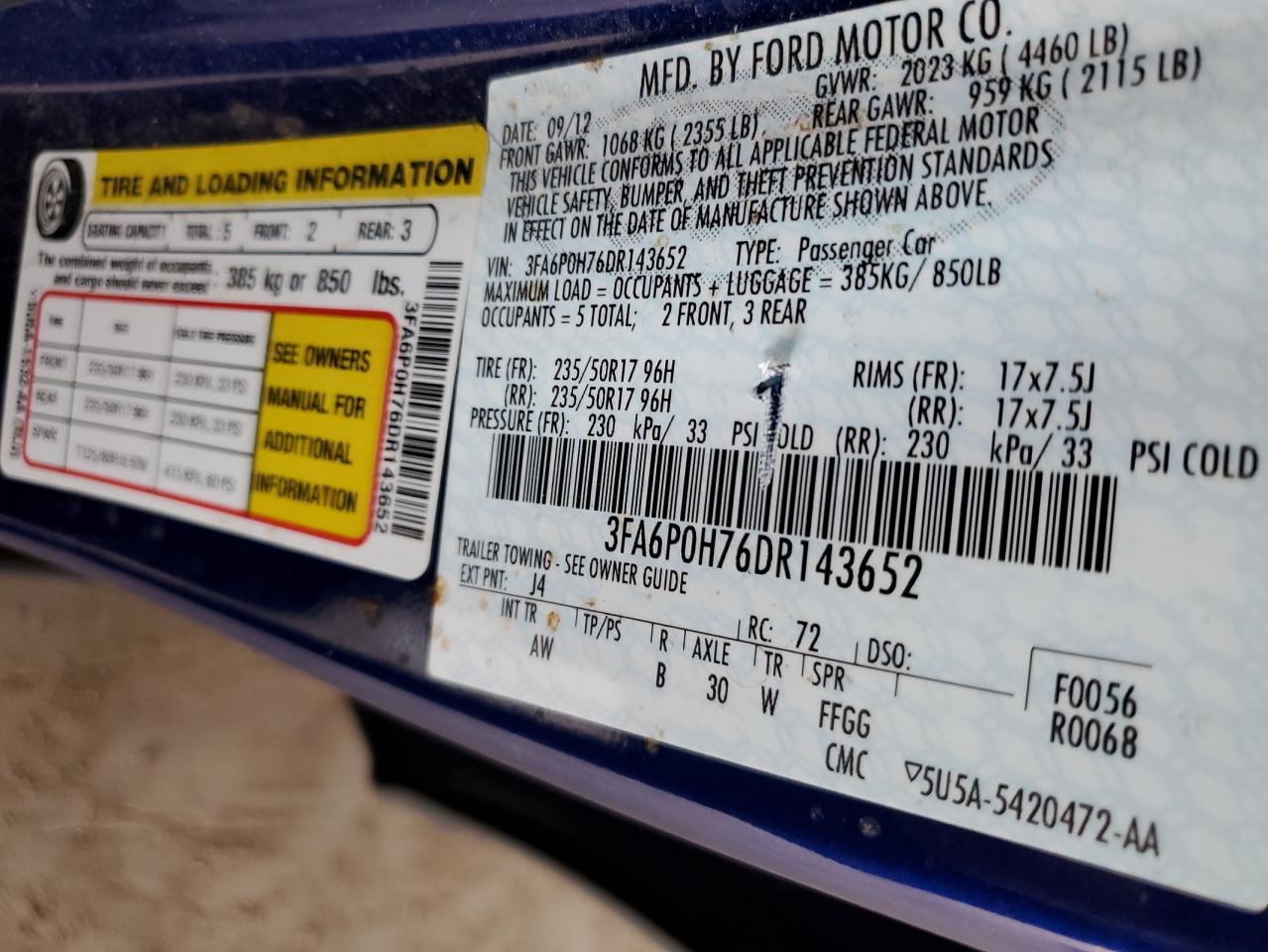 2013 Ford Fusion VIN 3FA6P0H76DR143652 Copart auction photo, rear end damage thumbnail 12