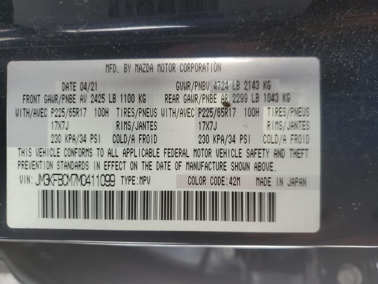 2021 Mazda CX-5 VIN JM3KFBCM7M0411099 Copart auction photo, front end / minor dent/scratches damage thumbnail 15