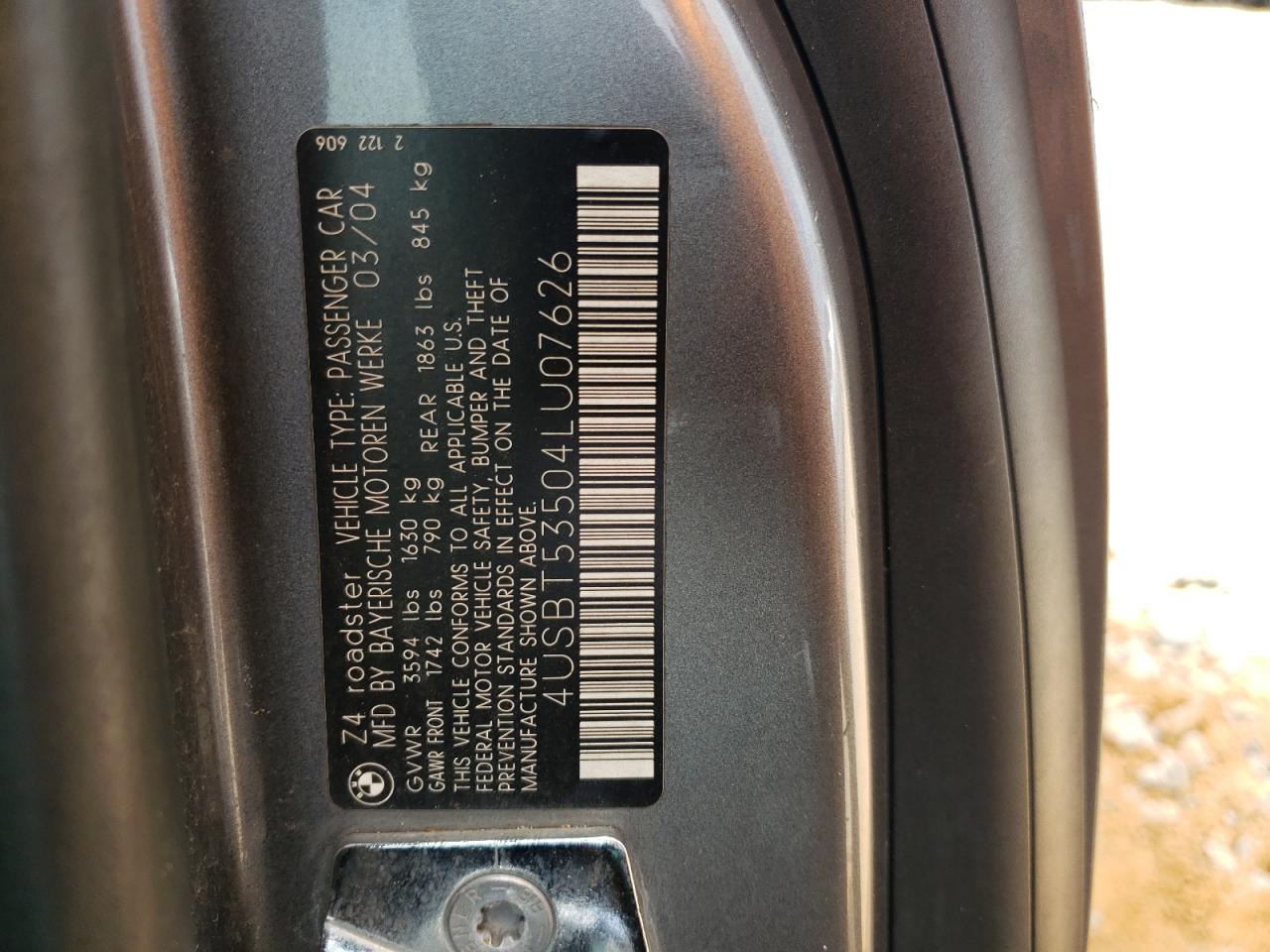 2004 BMW Z4 VIN 4USBT53504LU07626 Copart auction photo, all over damage thumbnail 12