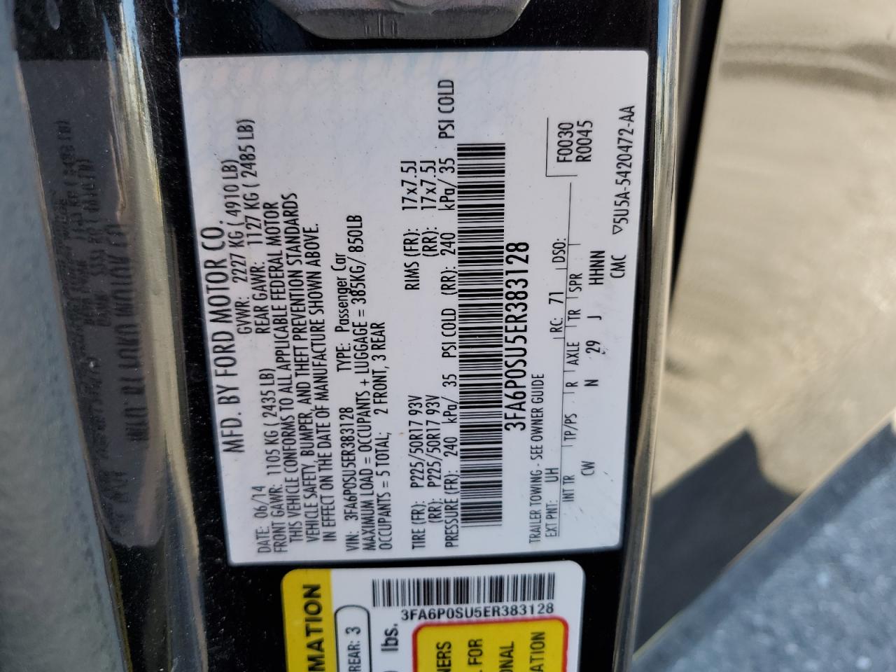 2014 Ford Fusion VIN 3FA6P0SU5ER383128 Copart auction photo, front end / rear end damage thumbnail 12