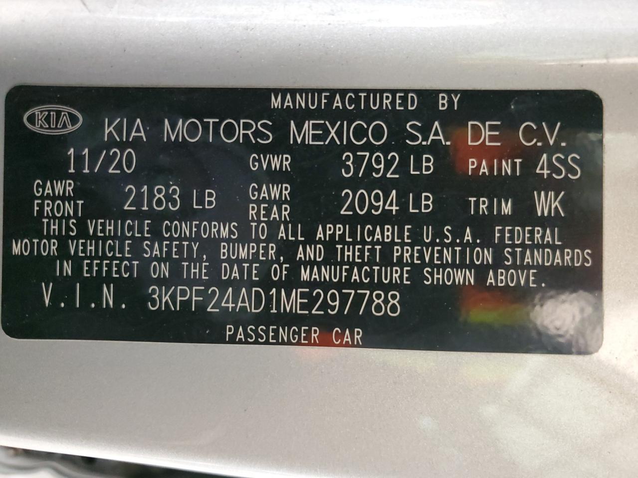 2021 KIA Forte VIN 3KPF24AD1ME297788 Copart auction photo, front end / side damage thumbnail 12