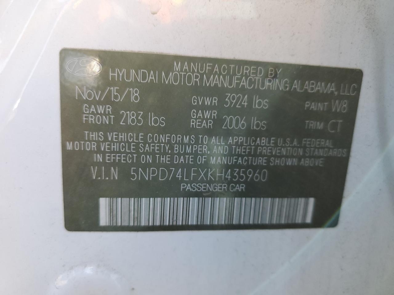 2019 Hyundai Elantra VIN 5NPD74LFXKH435960 Copart auction photo, all over damage thumbnail 12