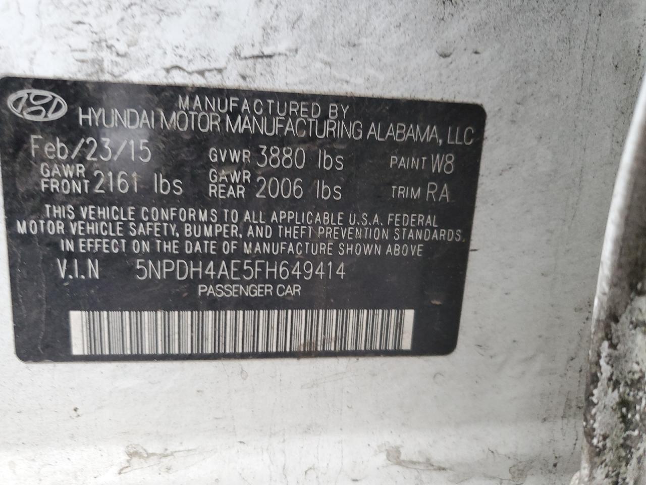 2015 Hyundai Elantra VIN 5NPDH4AE5FH649414 Copart auction photo, front end / side damage thumbnail 13