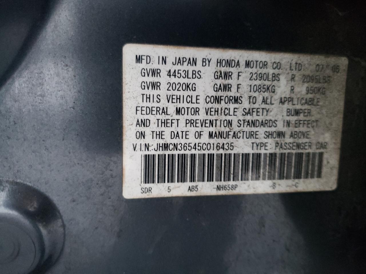 2005 Honda Accord VIN JHMCN36545C016435 Copart auction photo, front end damage thumbnail 12